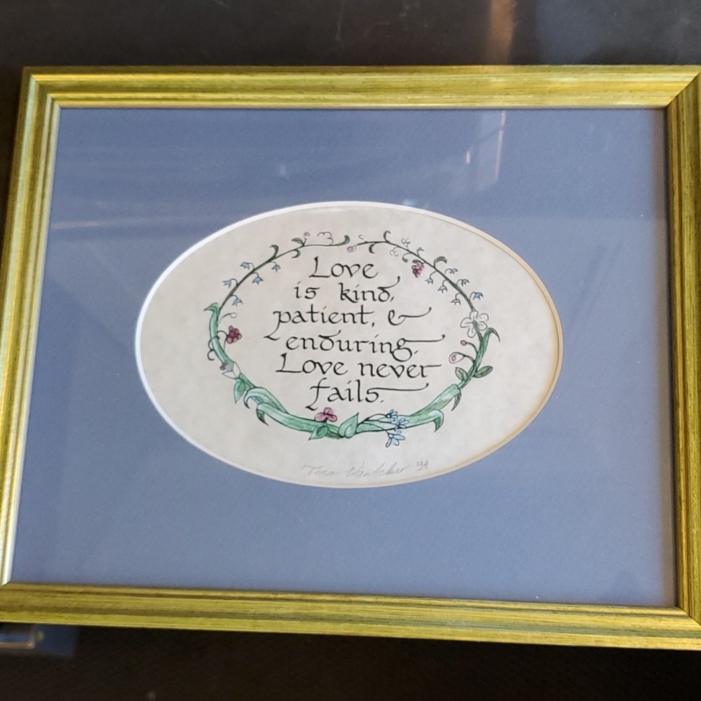 Custom Calligraphy hand signed racing in blue mat golden frame